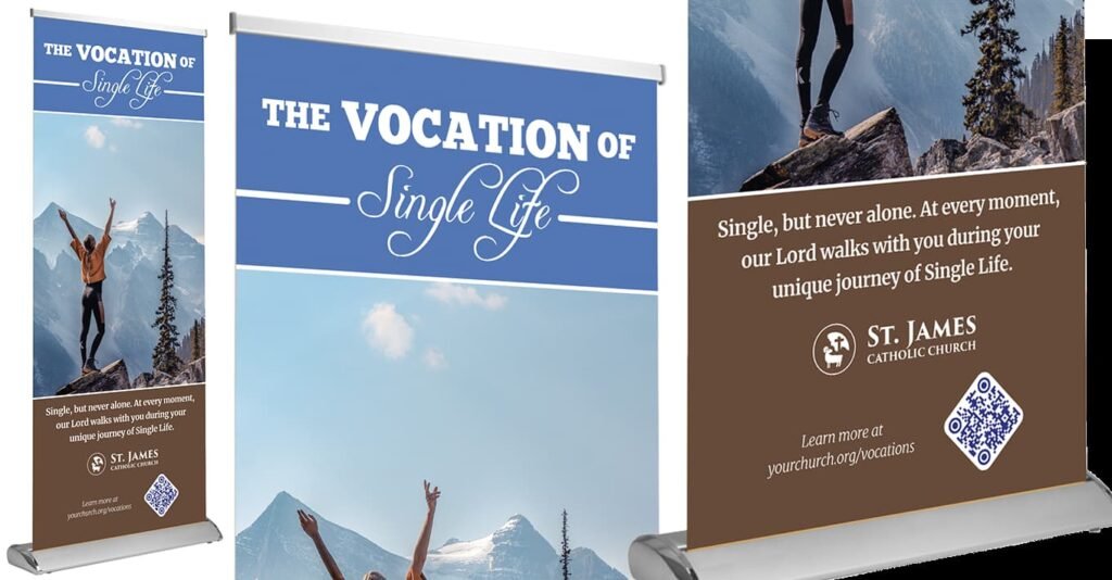 Vocation of Single Life, Customizable Standing Banner with Premium Base • Faith in Marketing